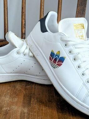 adidas Stan Smith White Leather Sneakers with Rainbow Trefoil